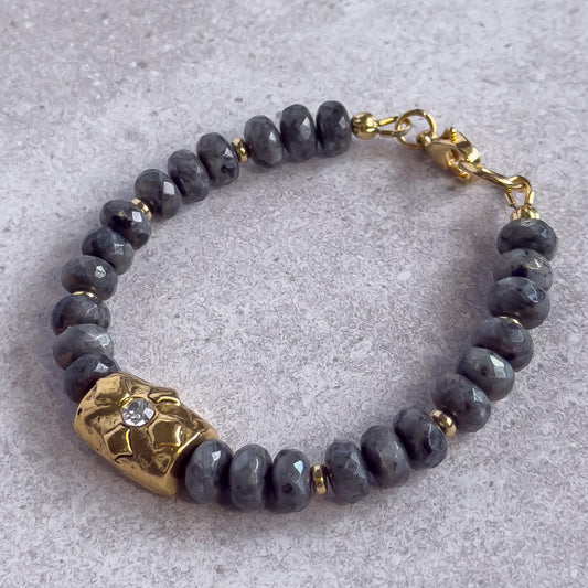Gray Labradorite or Brown Jade Beaded Bracelet with Gold Crystal Accent Bead