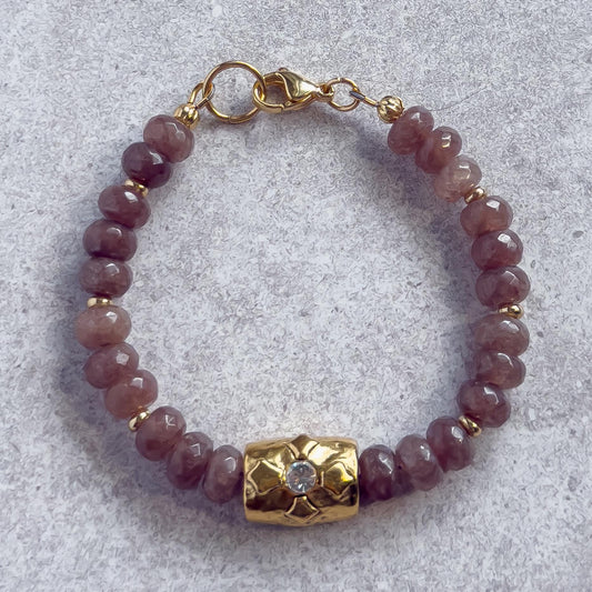 Gray Labradorite or Brown Jade Beaded Bracelet with Gold Crystal Accent Bead