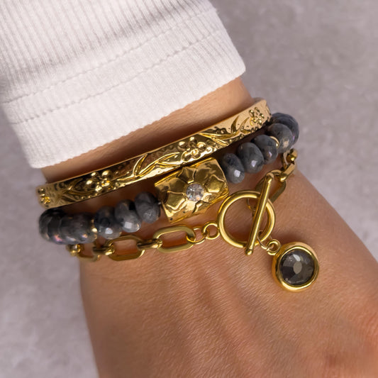 Gray Labradorite or Brown Jade Beaded Bracelet with Gold Crystal Accent Bead