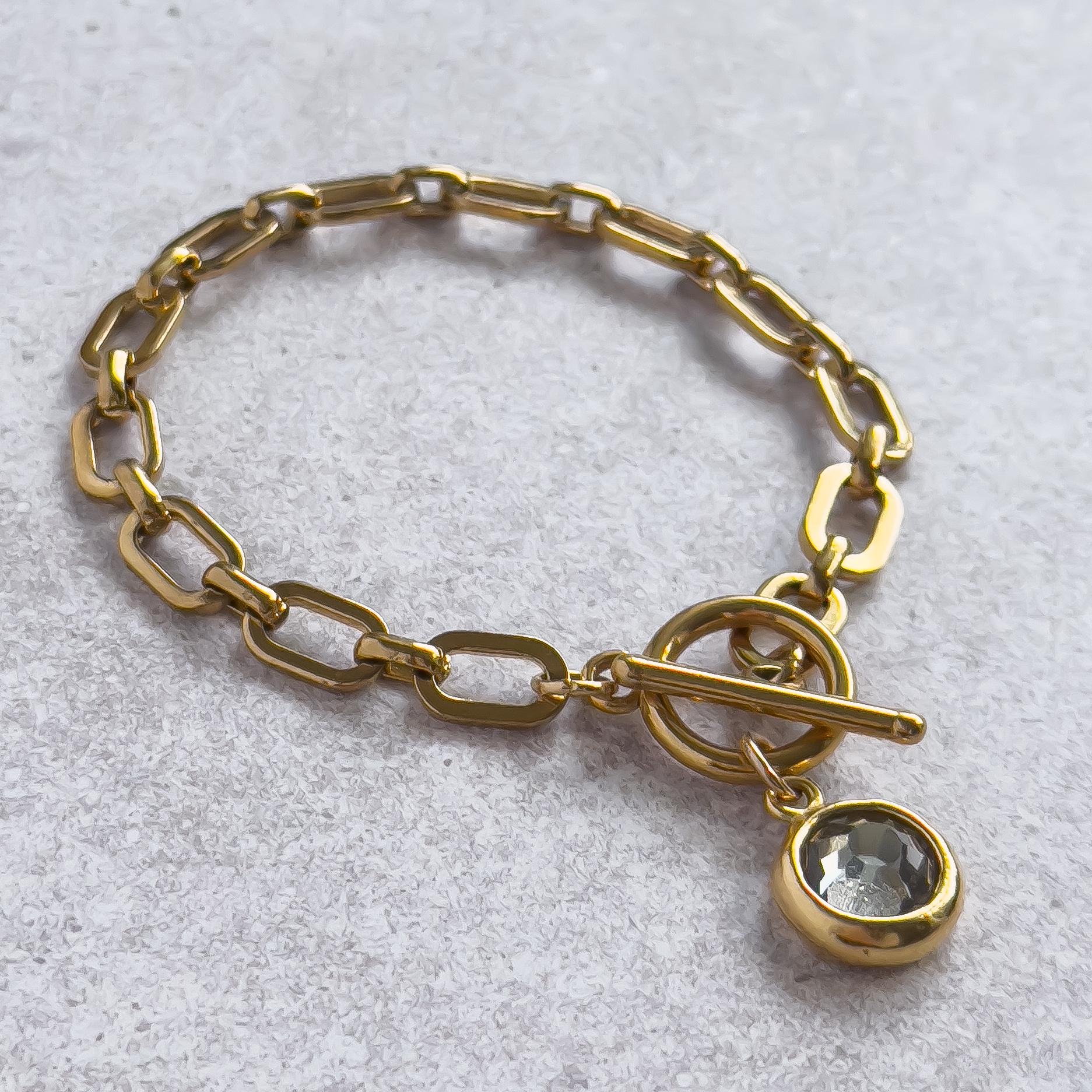Gold Oval Paperclip Bracelet with Black Swarovski Crystal Charm