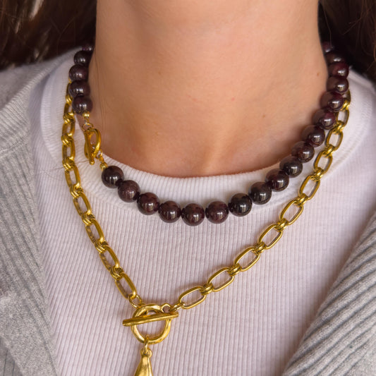 Chunky Garnet Beaded Necklace with Gold Toggle - Burgundy Red Gemstone Beads