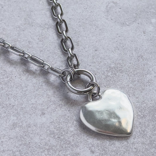 Puffy Silver Heart Pendant Necklace on Oval Paperclip Chain