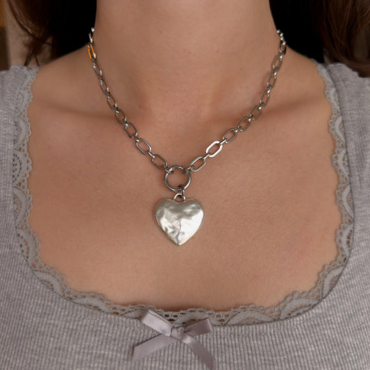 Puffy Silver Heart Pendant Necklace on Oval Paperclip Chain
