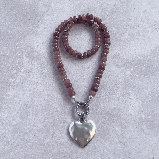 Silver Puffy Heart Beaded Necklace - Rose Brown Jade & Carabiner Clasp