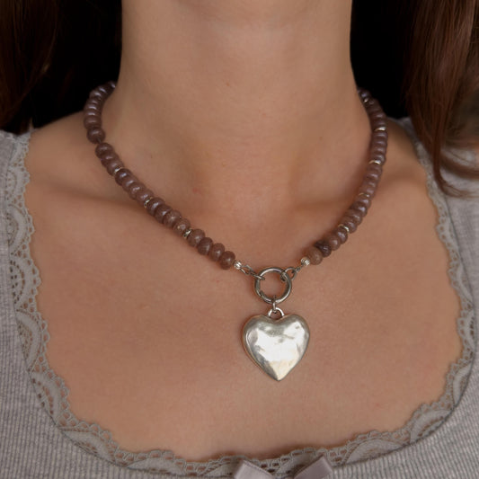 Silver Puffy Heart Beaded Necklace - Rose Brown Jade & Carabiner Clasp