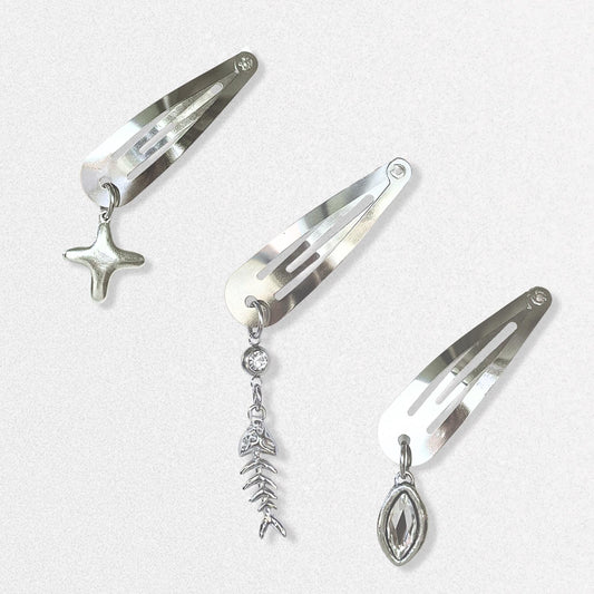 Charm Hair Clips - Puffy Cross, Swarovski Crystal and Dangling Fish Silver Hair Accessories