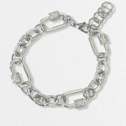 Silver Pave Carabiner Bracelet - Cz Crystals, Futuristic Bold Statement Jewelry, Stainless Steel