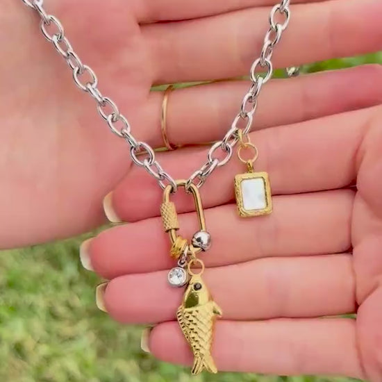 Mixed Metal Charm Necklace – Two Tone Fish Charm, Gold Crystal Accent & Mother of Pearl Charm