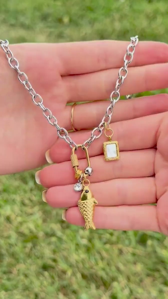 Mixed Metal Charm Necklace – Two Tone Fish Charm, Gold Crystal Accent & Mother of Pearl Charm