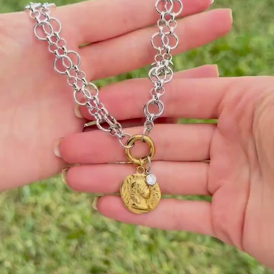 Mixed Metal Cameo Coin & CZ Necklace - Two Tone Double Layer Circle Chain