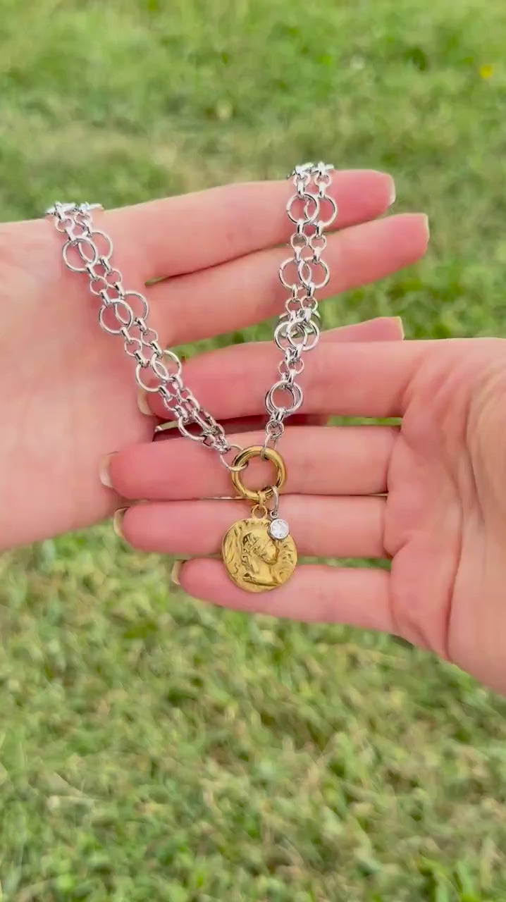 Mixed Metal Cameo Coin & CZ Necklace - Two Tone Double Layer Circle Chain