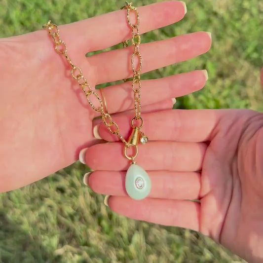 Amazonite Drop Pendant Necklace – 18k Gold Hammered Chain with Gemstone & CZ Crystal Accents