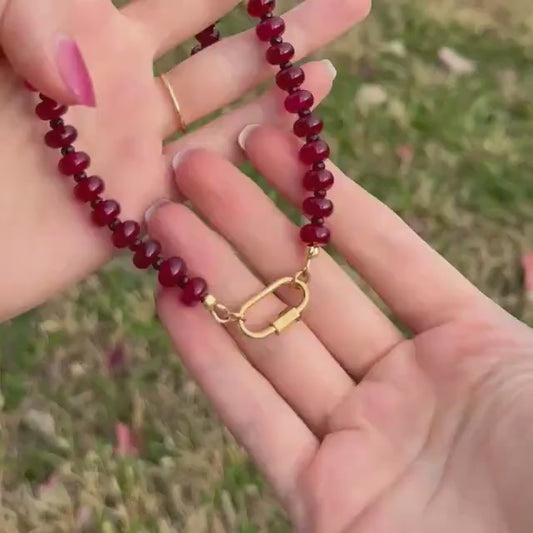 Beaded Red Gemstone Necklace - Chalcedony Quartz, Garnet, Stainless Steel Carabiner Clasp