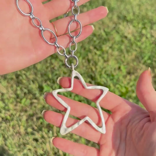 Chunky Hammered Star Necklace - Bold Silver Statement Necklace