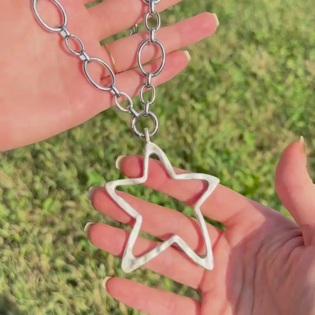 Chunky Hammered Star Necklace - Bold Silver Statement Necklace