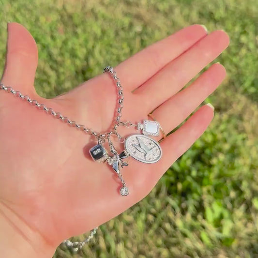 Dreamy Silver Charm Necklace – Multi Pendant with Rolo Chain