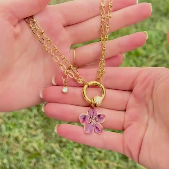 18k Gold Burgundy Flower Charm Necklace | Layered Chain with Pave CZ