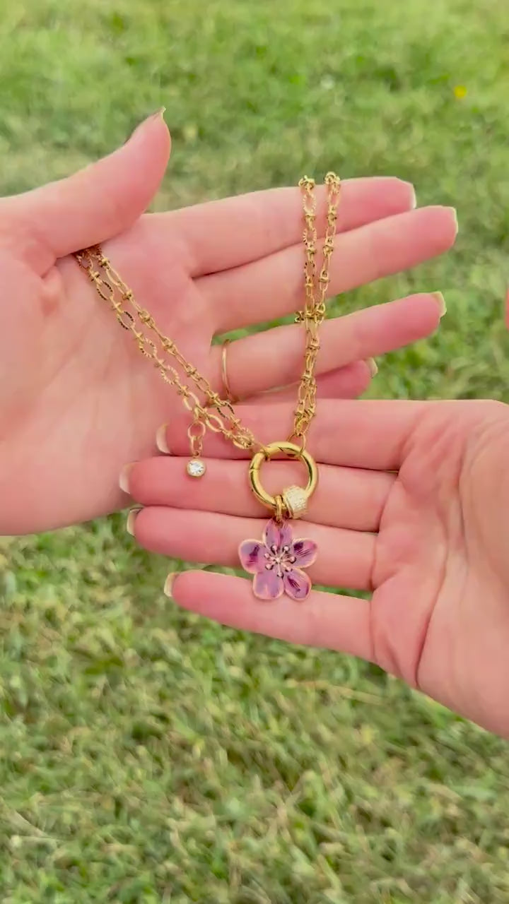 18k Gold Burgundy Flower Charm Necklace | Layered Chain with Pave CZ